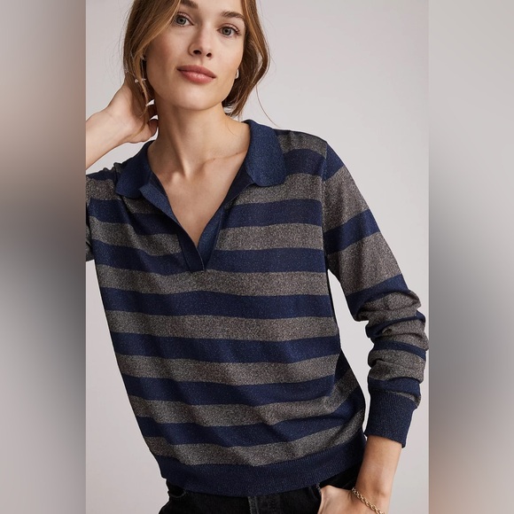 Anthropologie Tops - Anthropologie Striped Shimmer Polo‎ Blue Sz Medium